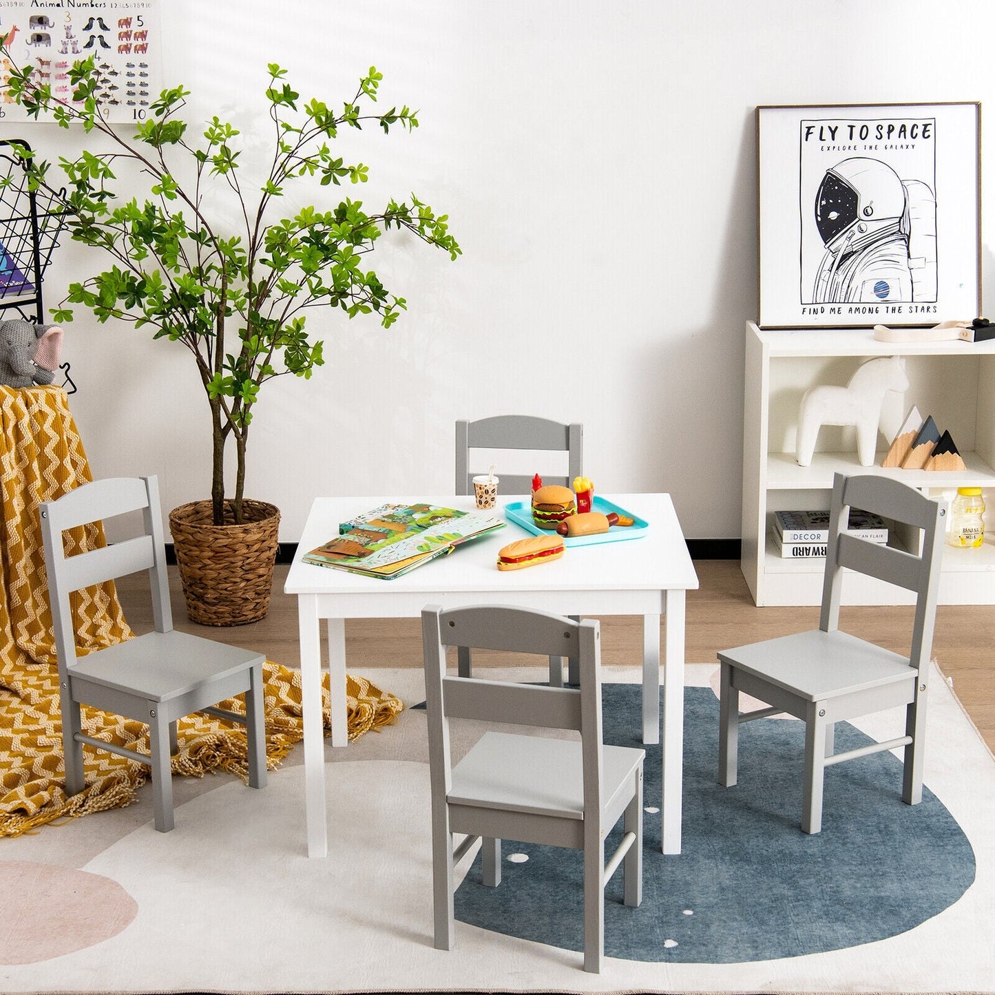 Kids 5-Piece Wooden Table and Chair Set - White