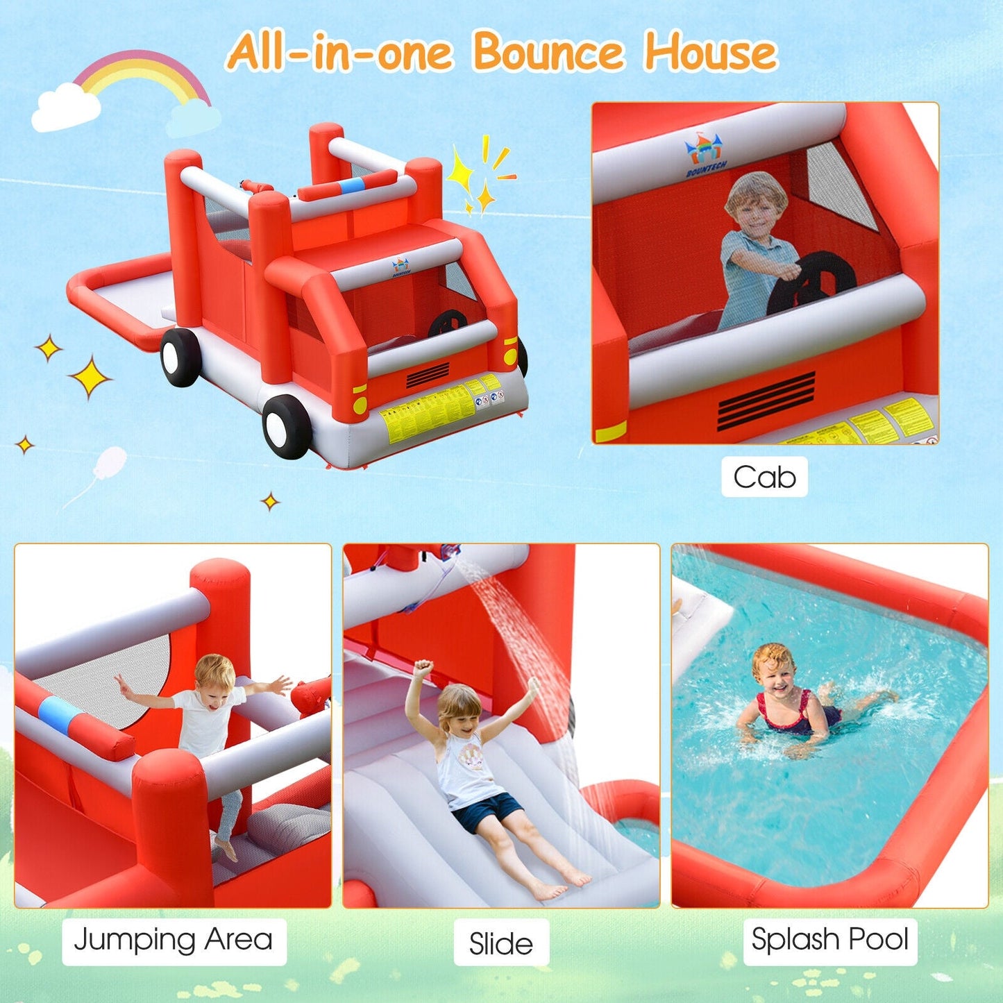 Fire Truck Themed Inflatable Castle Water Park for Kids