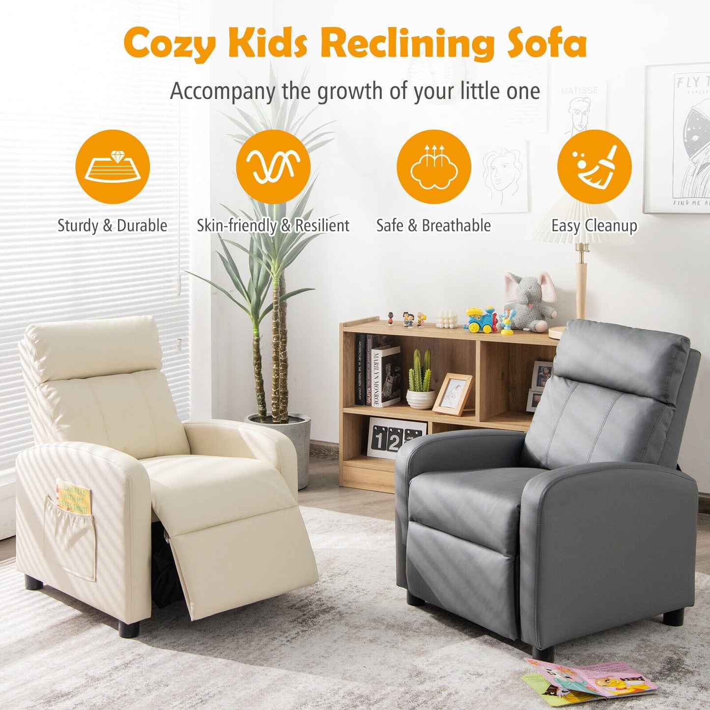 Ergonomic PU Leather Kids Recliner Sofa - White