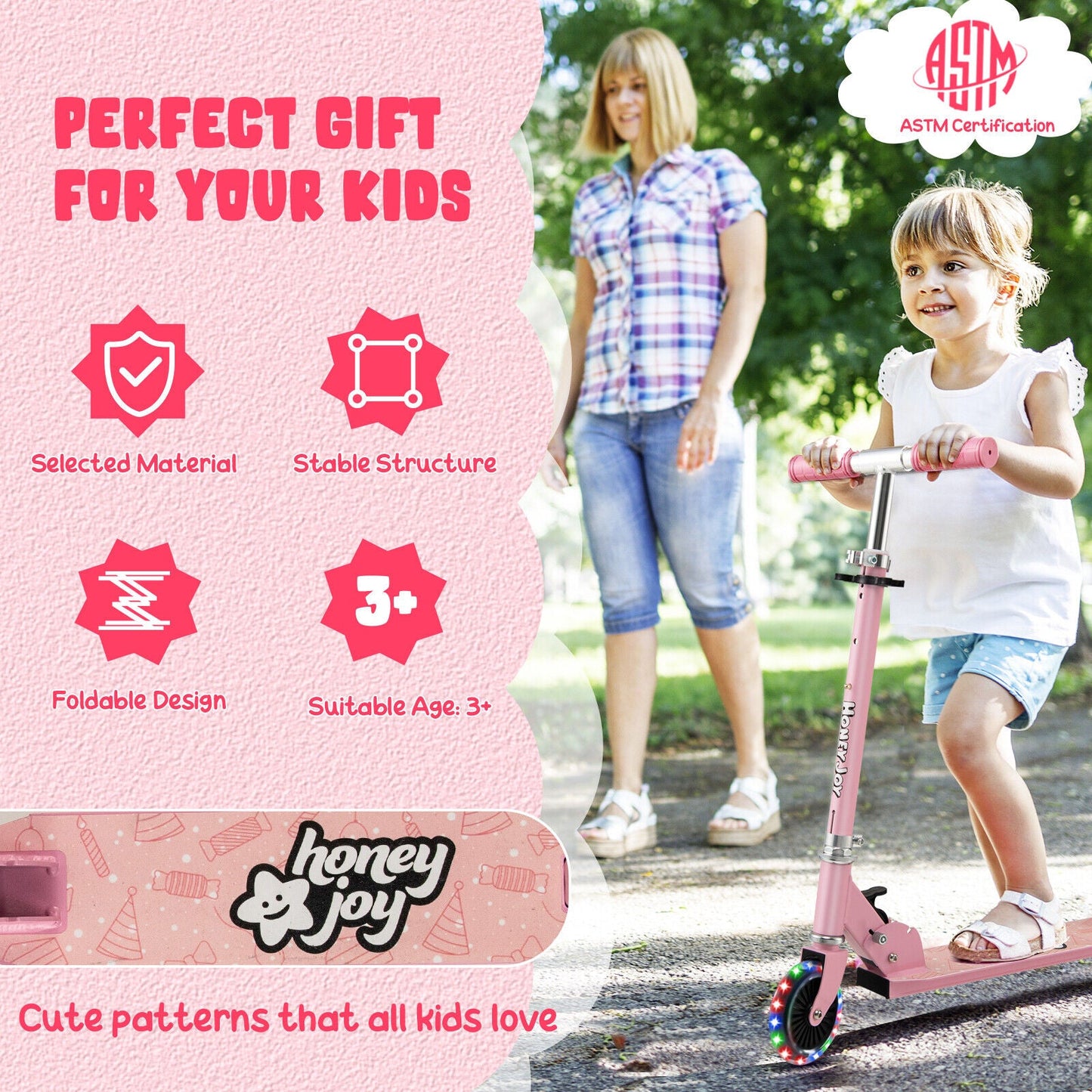 Folding Kick Scooter with Adjustable Heights for Kids - Pink