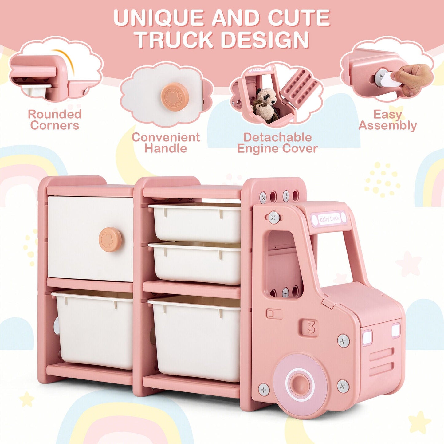 Toddler Truck Storage Organizer with Plastic Bins - Pink