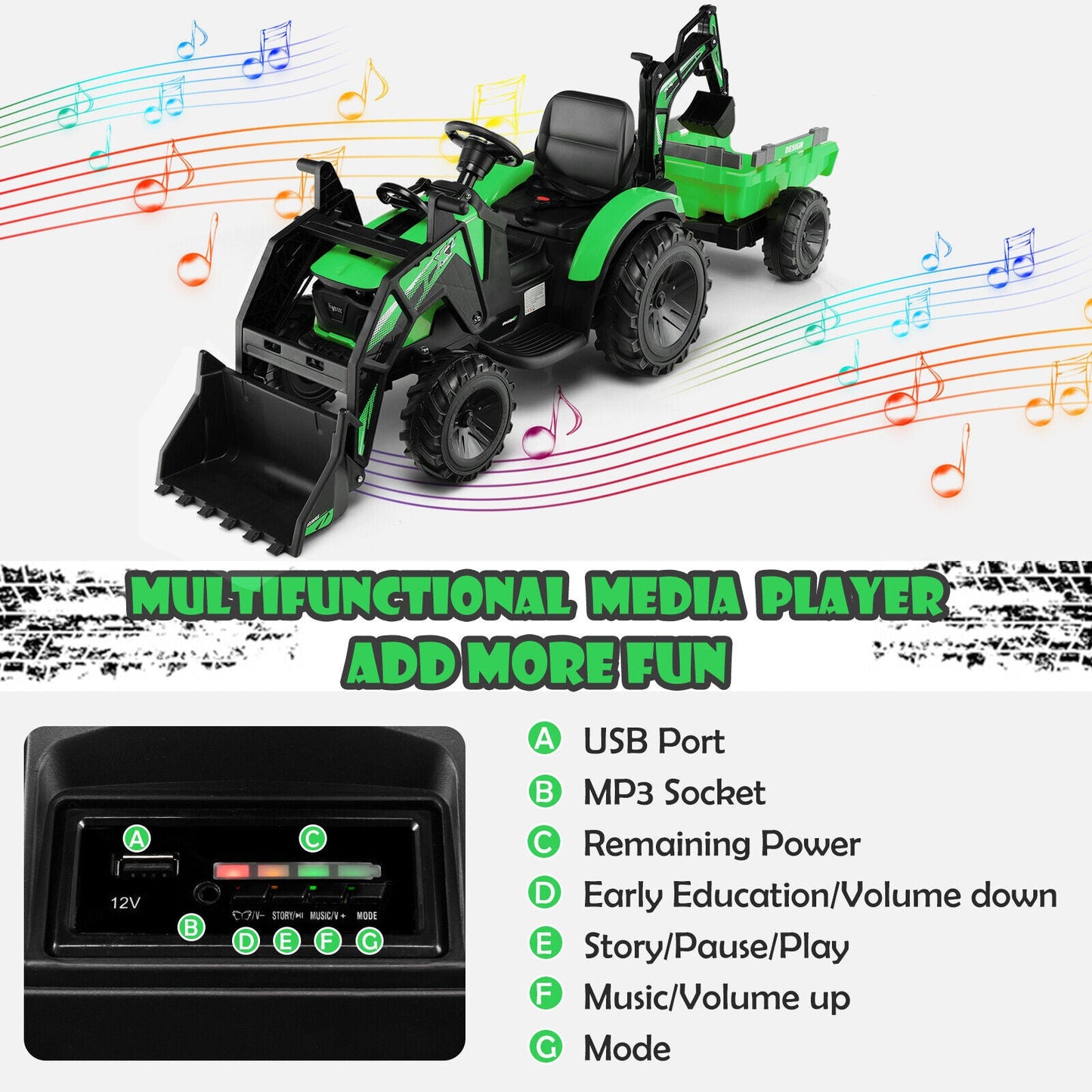 12V 3 in 1 Kids Ride On Excavator with Shovel - Green