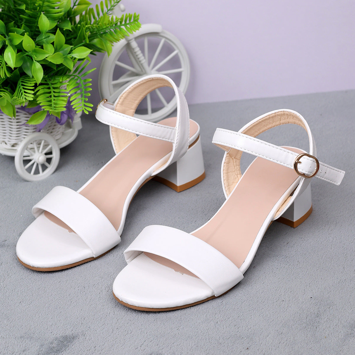 Sandales à Talon Bas en Cuir Véritable pour Femmes avec Bride à Boucle