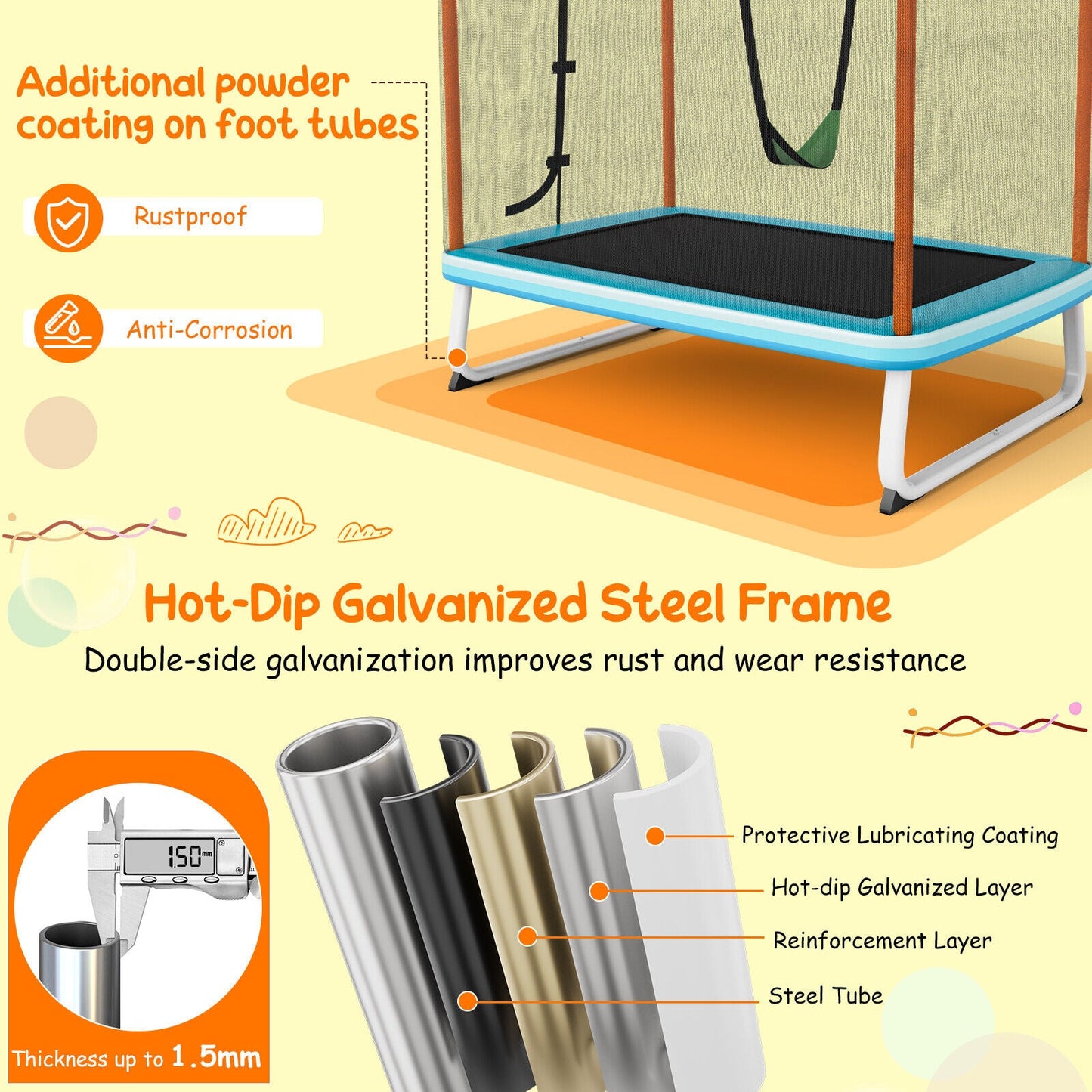 Trampolín Rectangular de 6 Pies con Barra de Columpio y Red de Seguridad - Naranja