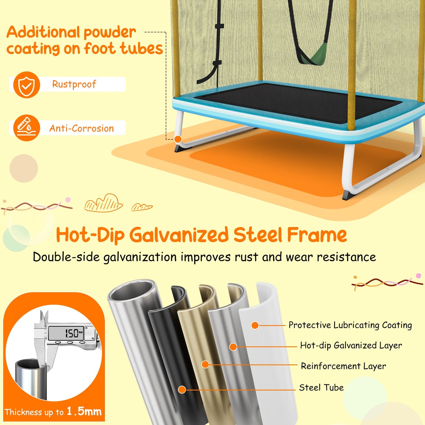 Trampoline Rectangulaire de 6 Pieds avec Barre de Balancement et Filet de Sécurité - Jaune