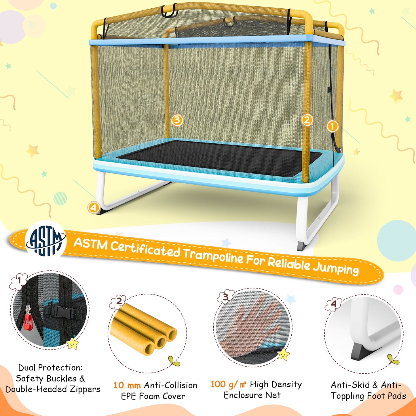 Trampoline Rectangulaire de 6 Pieds avec Barre de Balancement et Filet de Sécurité - Jaune