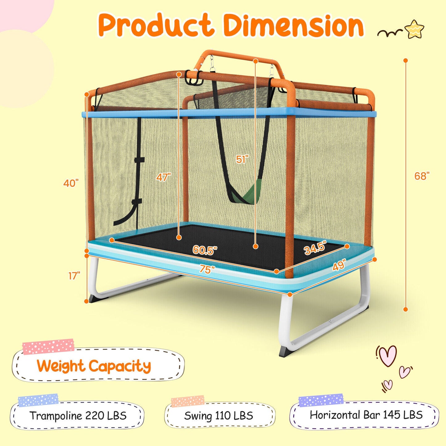 Trampolín Rectangular de 6 Pies con Barra de Columpio y Red de Seguridad - Naranja