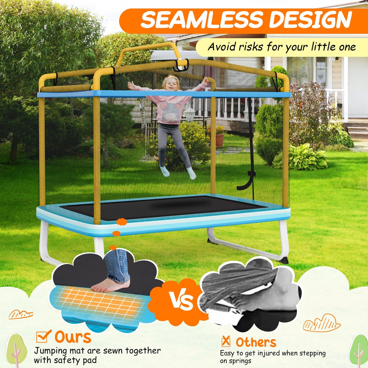 Trampoline Rectangulaire de 6 Pieds avec Barre de Balancement et Filet de Sécurité - Jaune