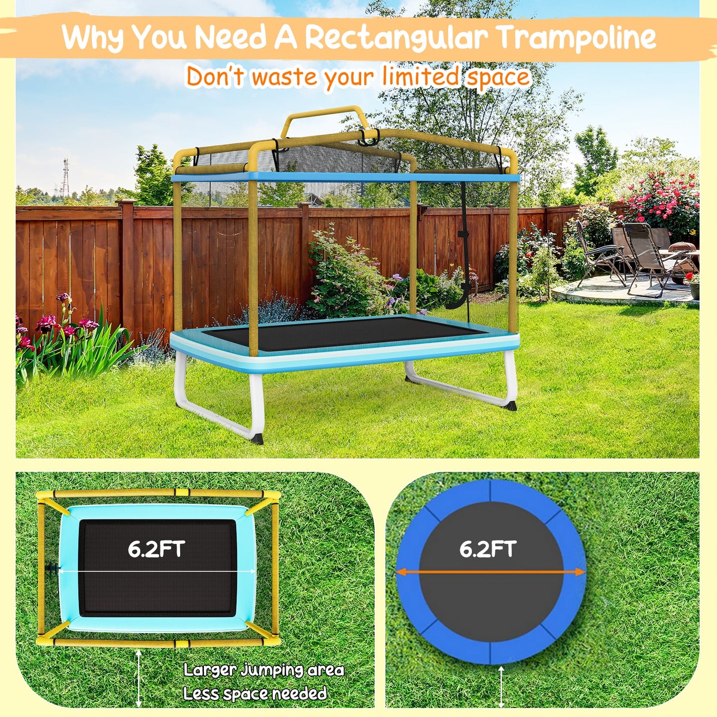 Trampoline Rectangulaire de 6 Pieds avec Barre de Balancement et Filet de Sécurité - Jaune