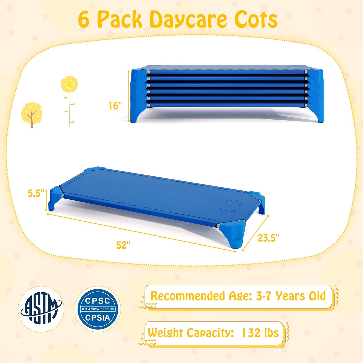 Camas apilables portátiles para guarderías - Paquete de 6 para niños - Azul