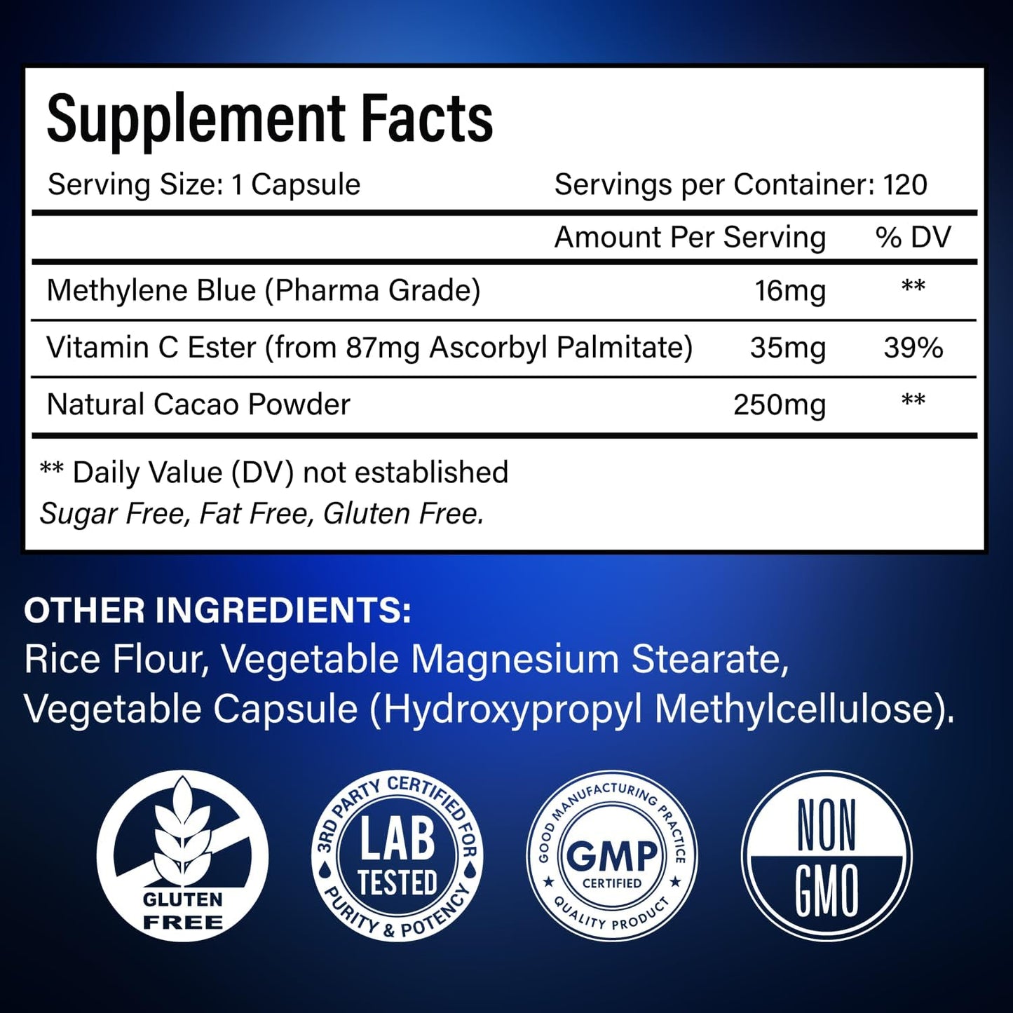Capsules de bleu de méthylène avec cacao et ester de vitamine C