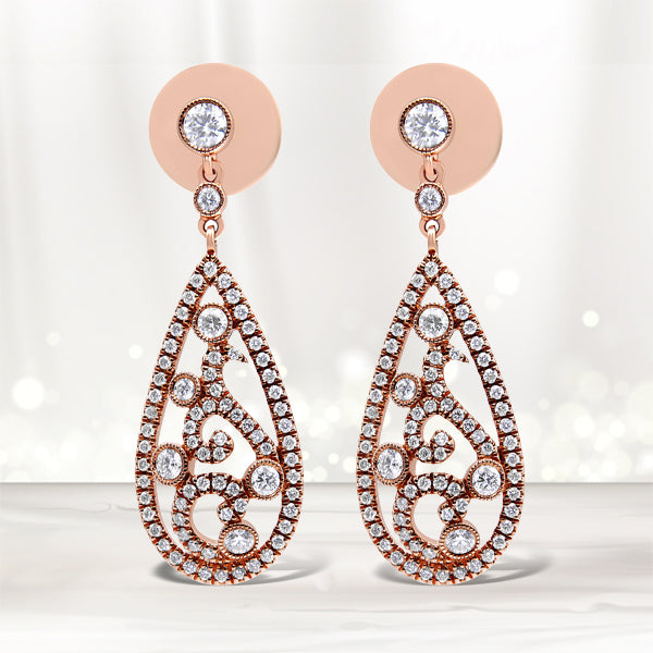 Pendientes Colgantes de Diamante en Forma de Gota de Oro Rosa de 18K