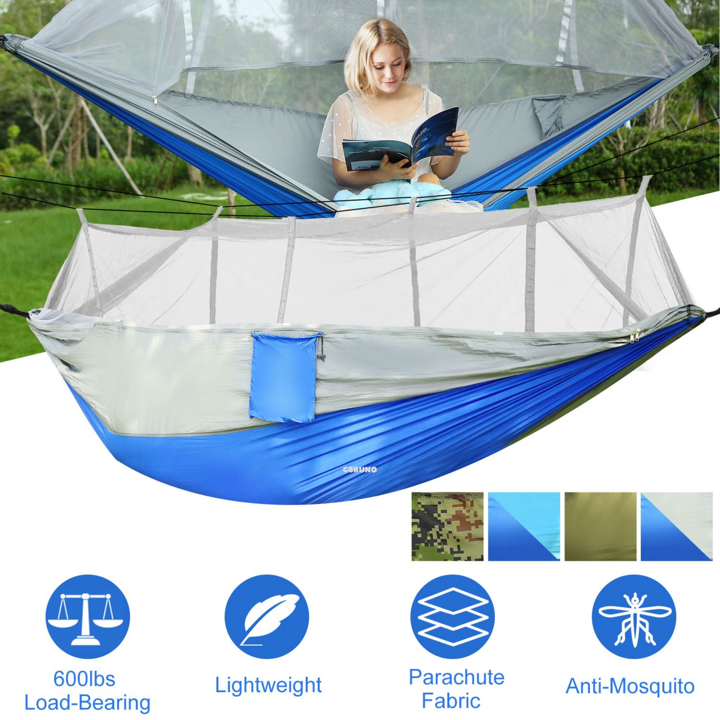Hamac de Camping Premium 600lbs Capacité 2 Personnes avec Filet Anti-Moustiques