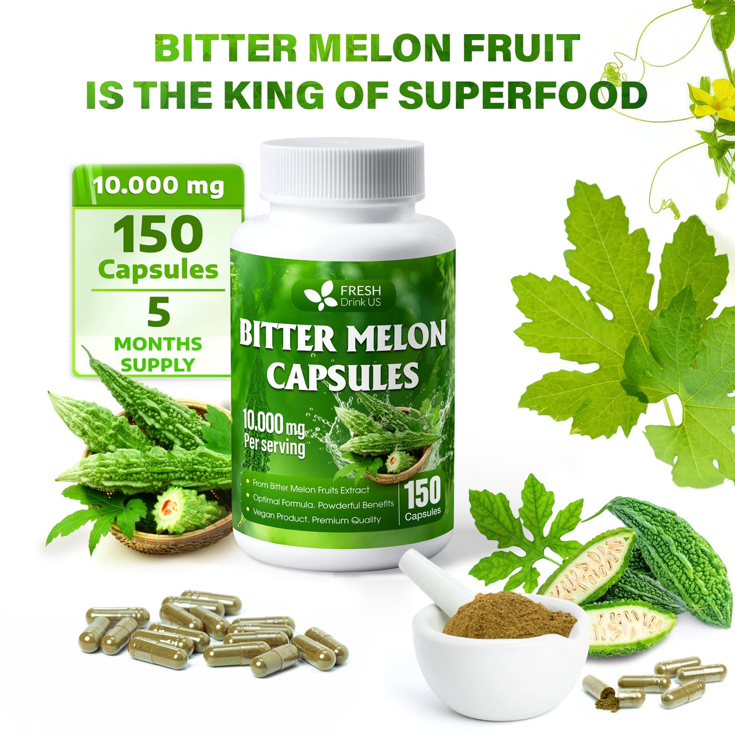 Bitter Melon Capsules, 1000mg, 150 Capsules - Gluten Free, Non-GMO - Korvel