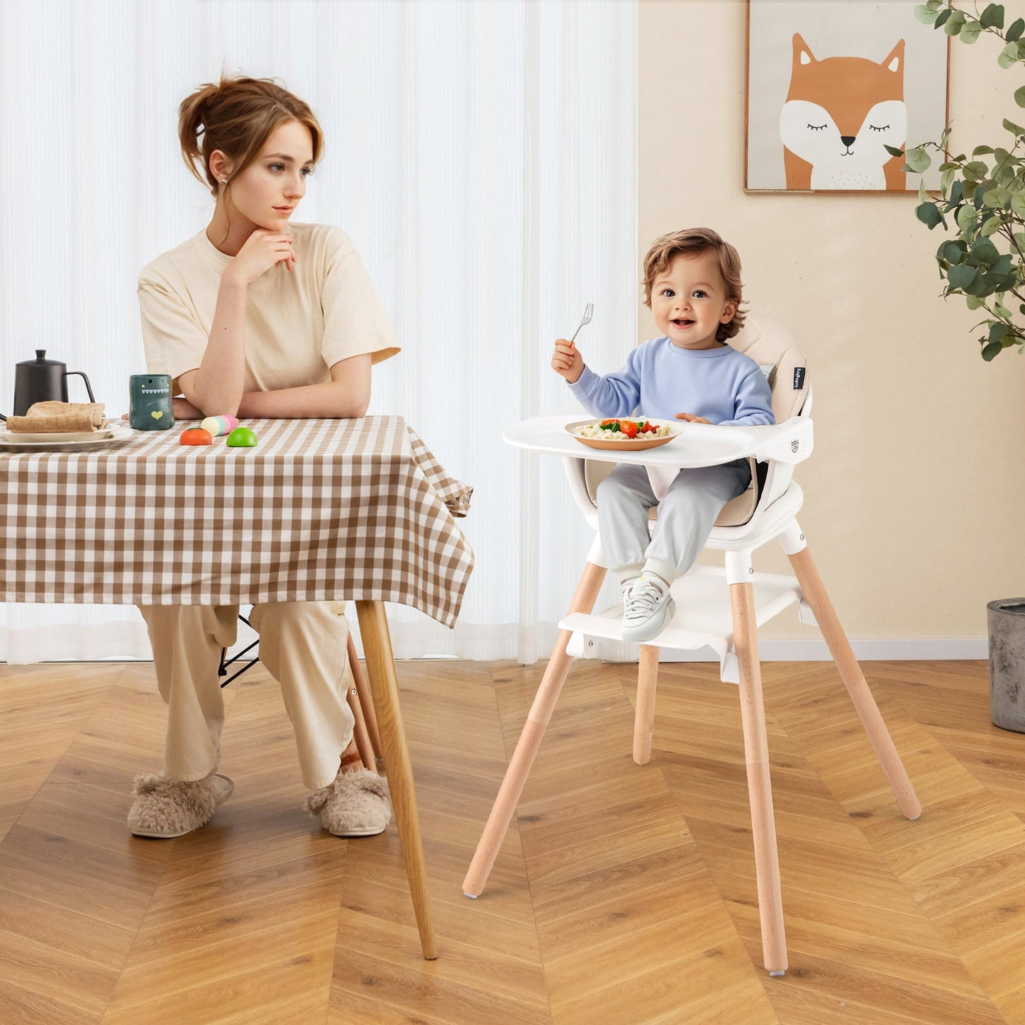 Chaise haute convertible 6 en 1 avec harnais de sécurité - Beige