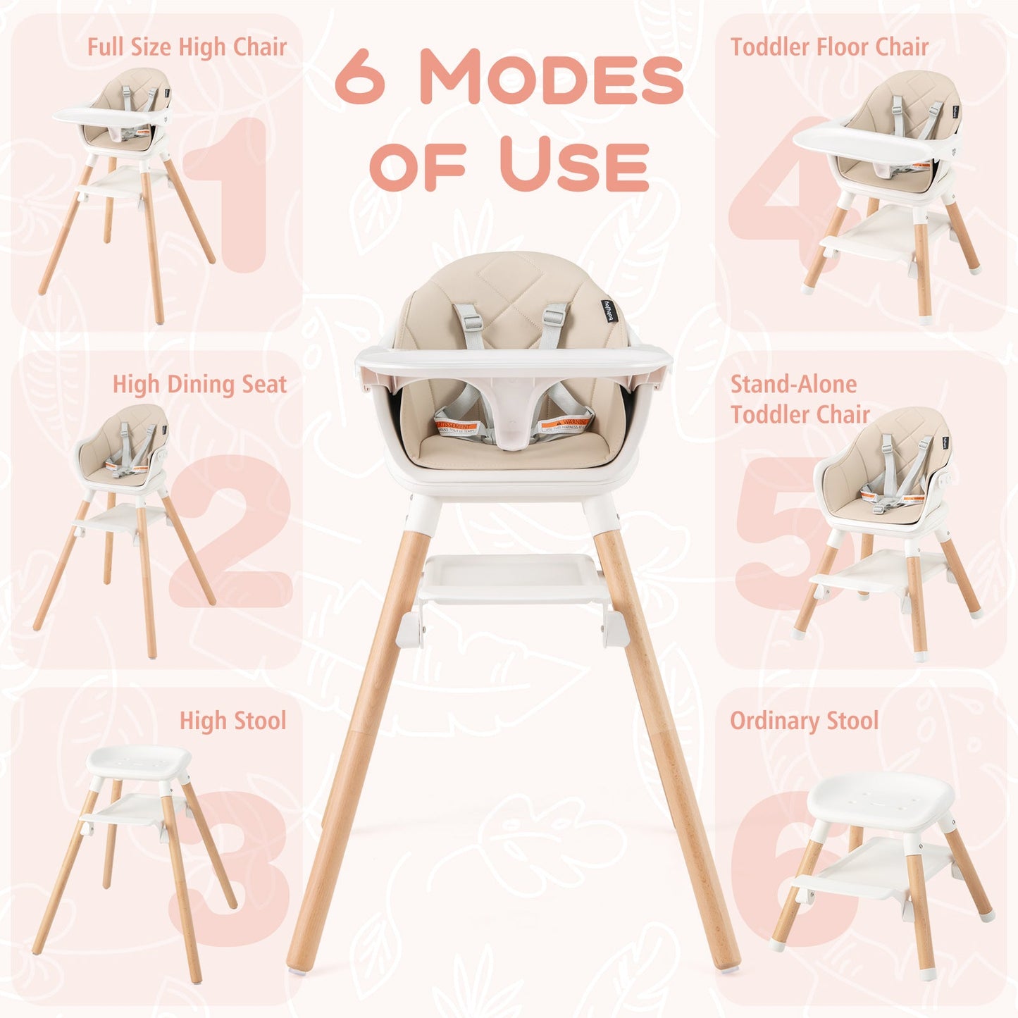 Chaise haute convertible 6 en 1 avec harnais de sécurité - Beige
