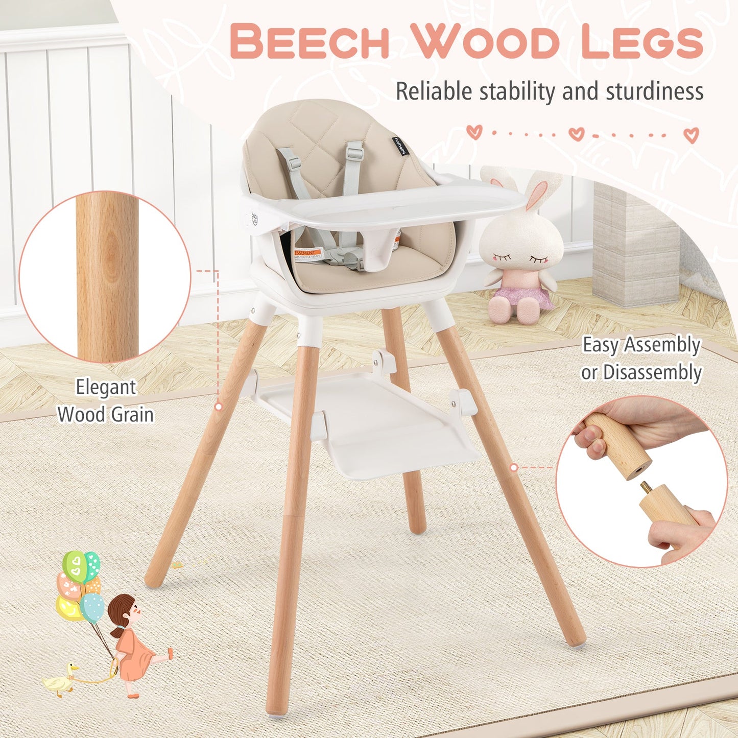 Chaise haute convertible 6 en 1 avec harnais de sécurité - Beige