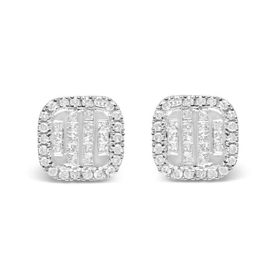 10K White Gold Diamond Princess Halo Stud Earrings