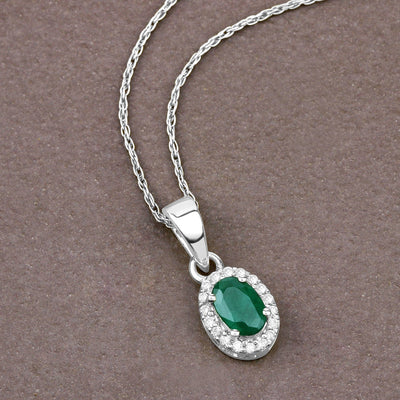 0.81 Carat Genuine Zambian Emerald and White Diamond Pendant in 14K White Gold