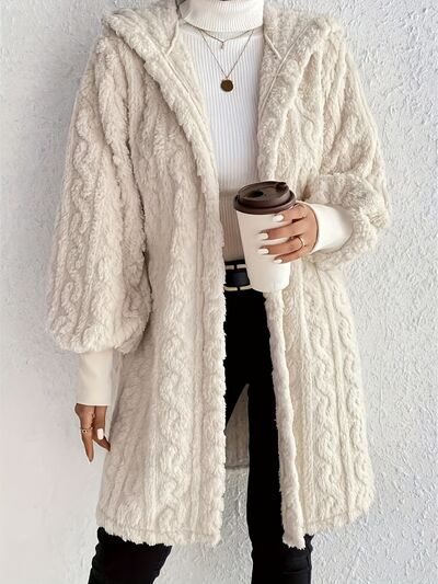 Beige Long Sleeve Fuzzy Hooded Jacket - Cozy Outerwear
