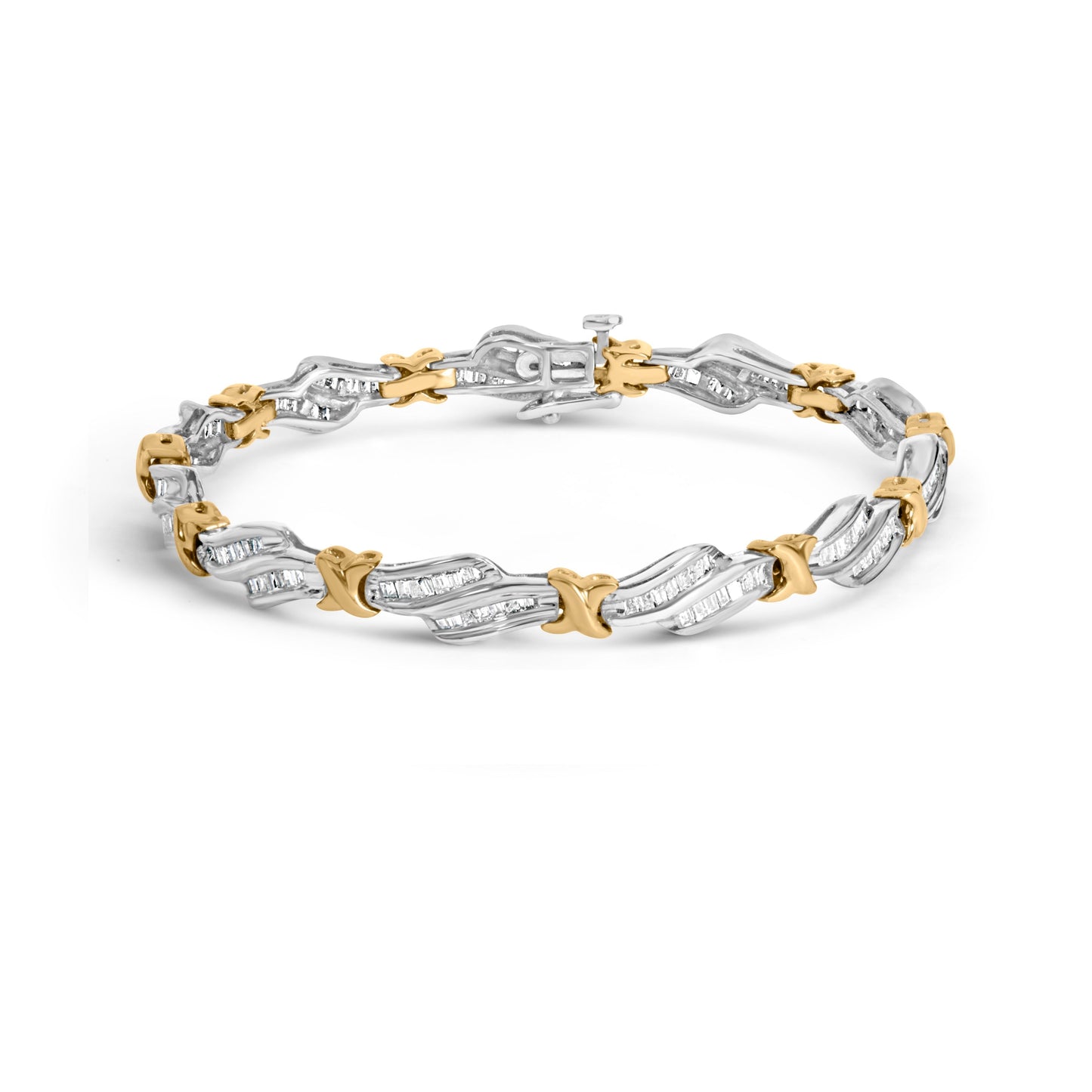 10k Two-Toned Gold Baguette-Diamond Weave Bracelet - 7"