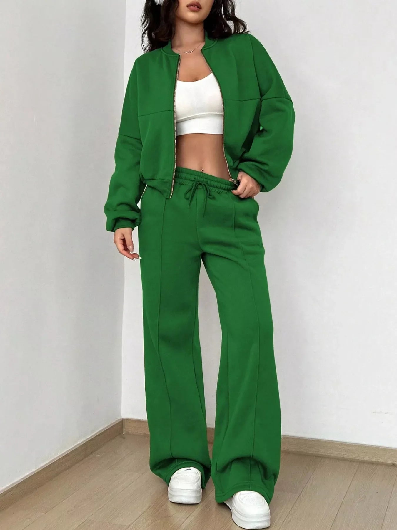 Ensemble de Veste Zippée en Couleur Unie et Pantalons à Jambes Larges