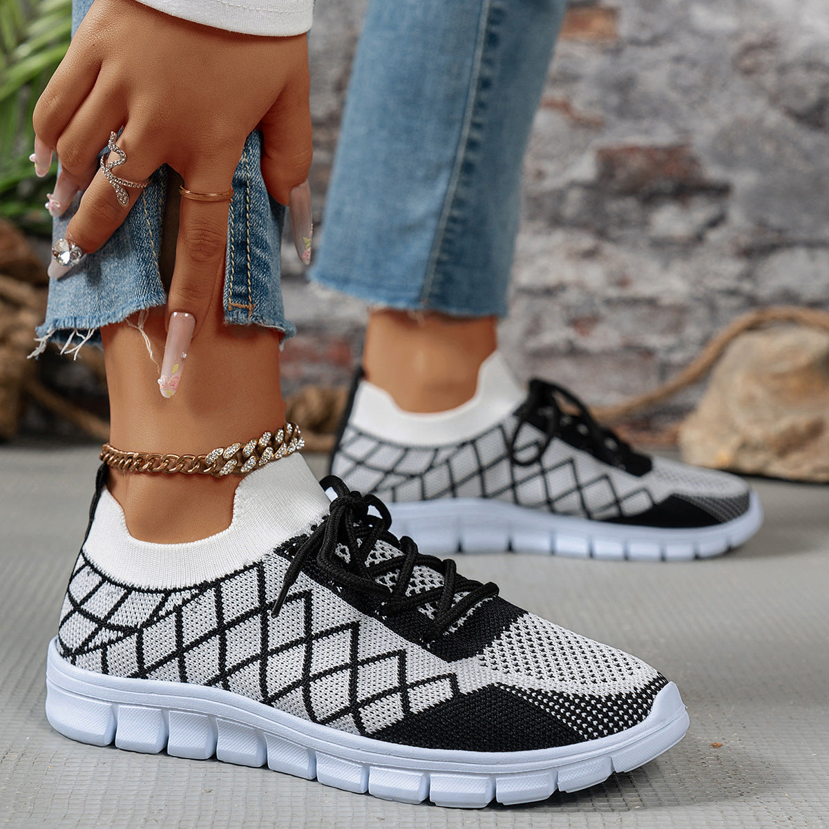 Baskets à lacets en Flyknit à carreaux colorblock pour femmes