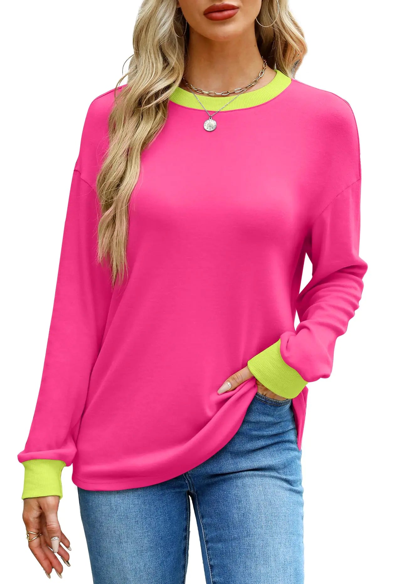 WIHOLL Haut Tunique à Manches Longues Rayé pour Femmes - Rose Fuchsia, X-Large
