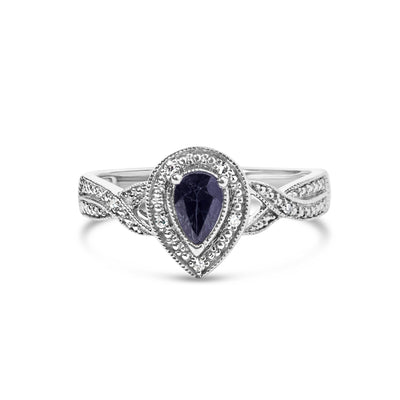Bague Halo en Saphir et Diamant en Argent Sterling .925 - Taille 7.5