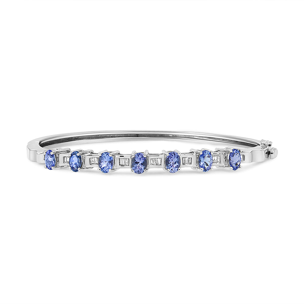 14K White Gold Oval Blue Tanzanite & Diamond Bangle Bracelet