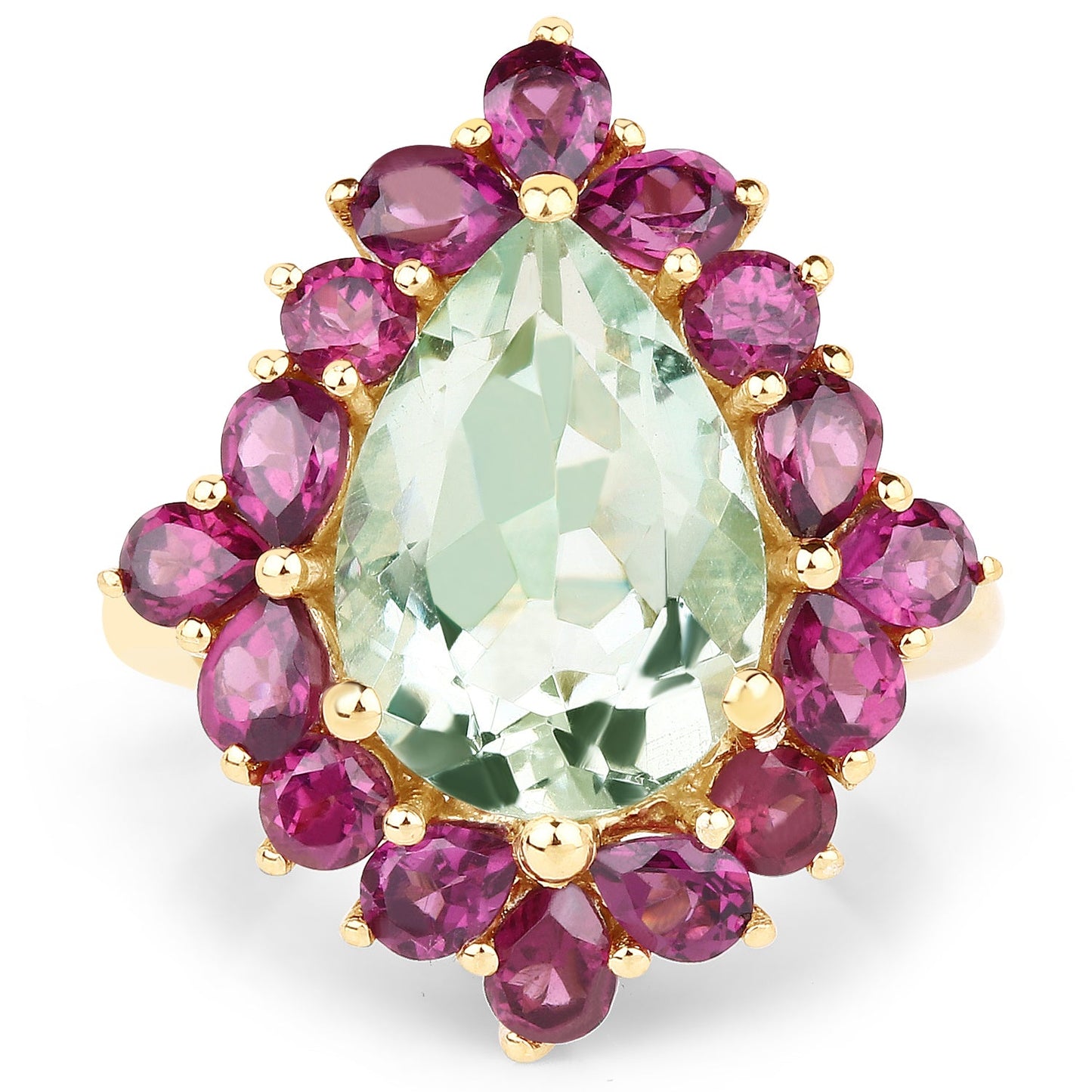 Anillo de Cóctel de Amatista Verde y Rodolita Bañado en Oro Amarillo de 14K