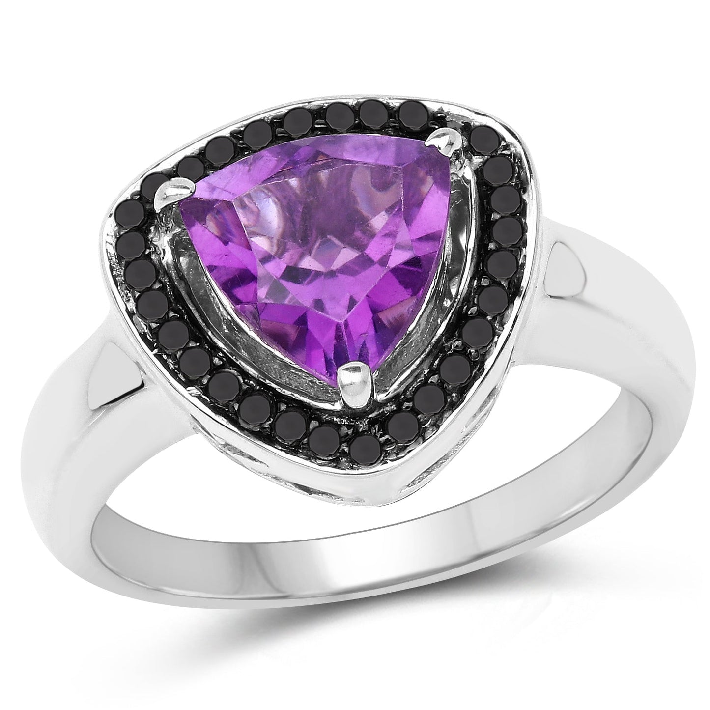 Bague en argent sterling avec améthyste de 1,56 carat et diamants noirs