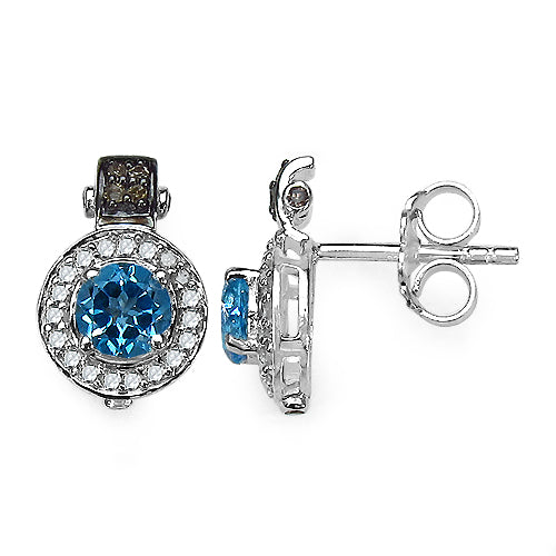 Boucles d'oreilles en argent sterling avec topaze bleue suisse et diamants de 1,20 carat
