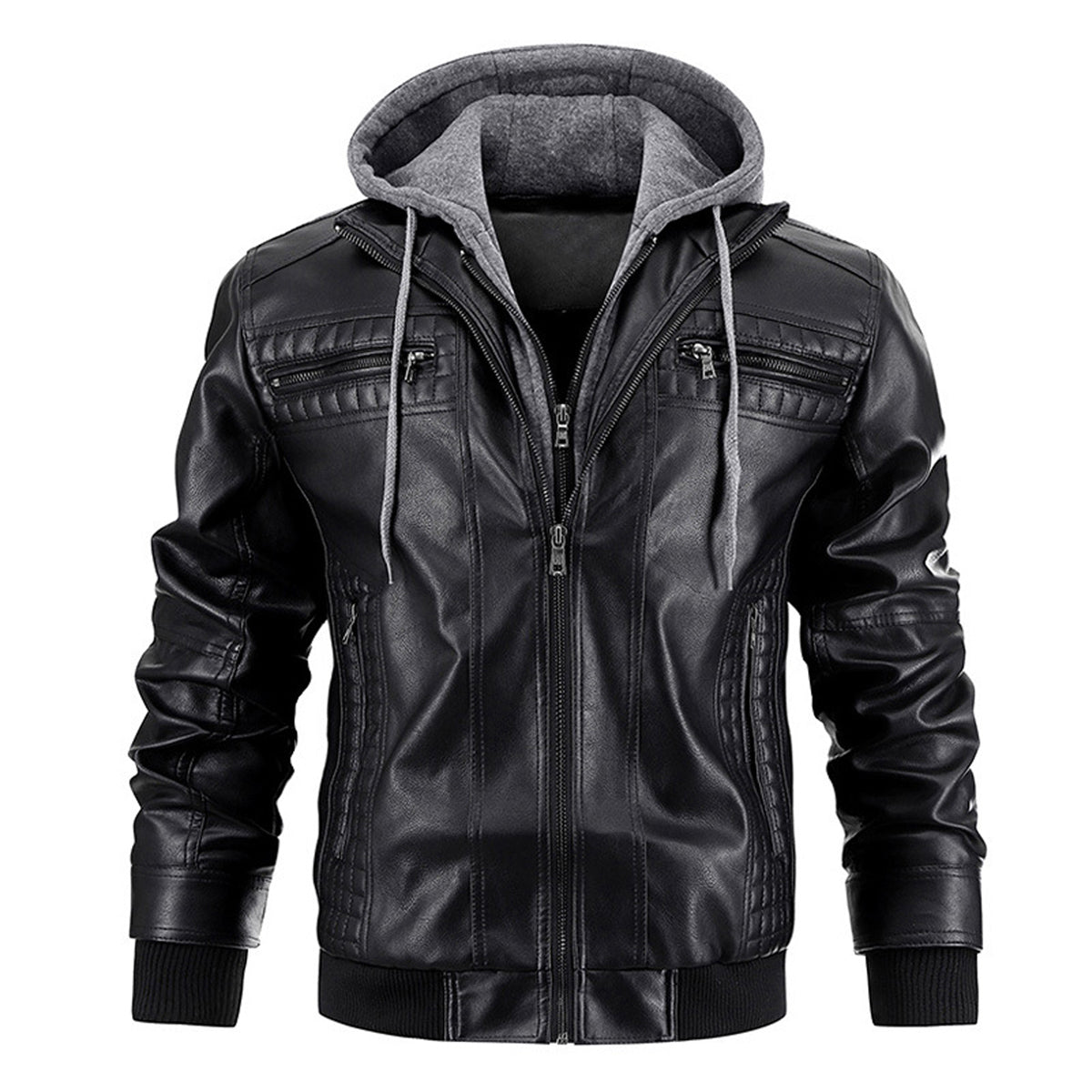 Men's Faux Leather Jacket Motorcycle Jacket Waterproof Windproof PU Moto Vintage Bomber Hoodie With Removable Hood - Korvel