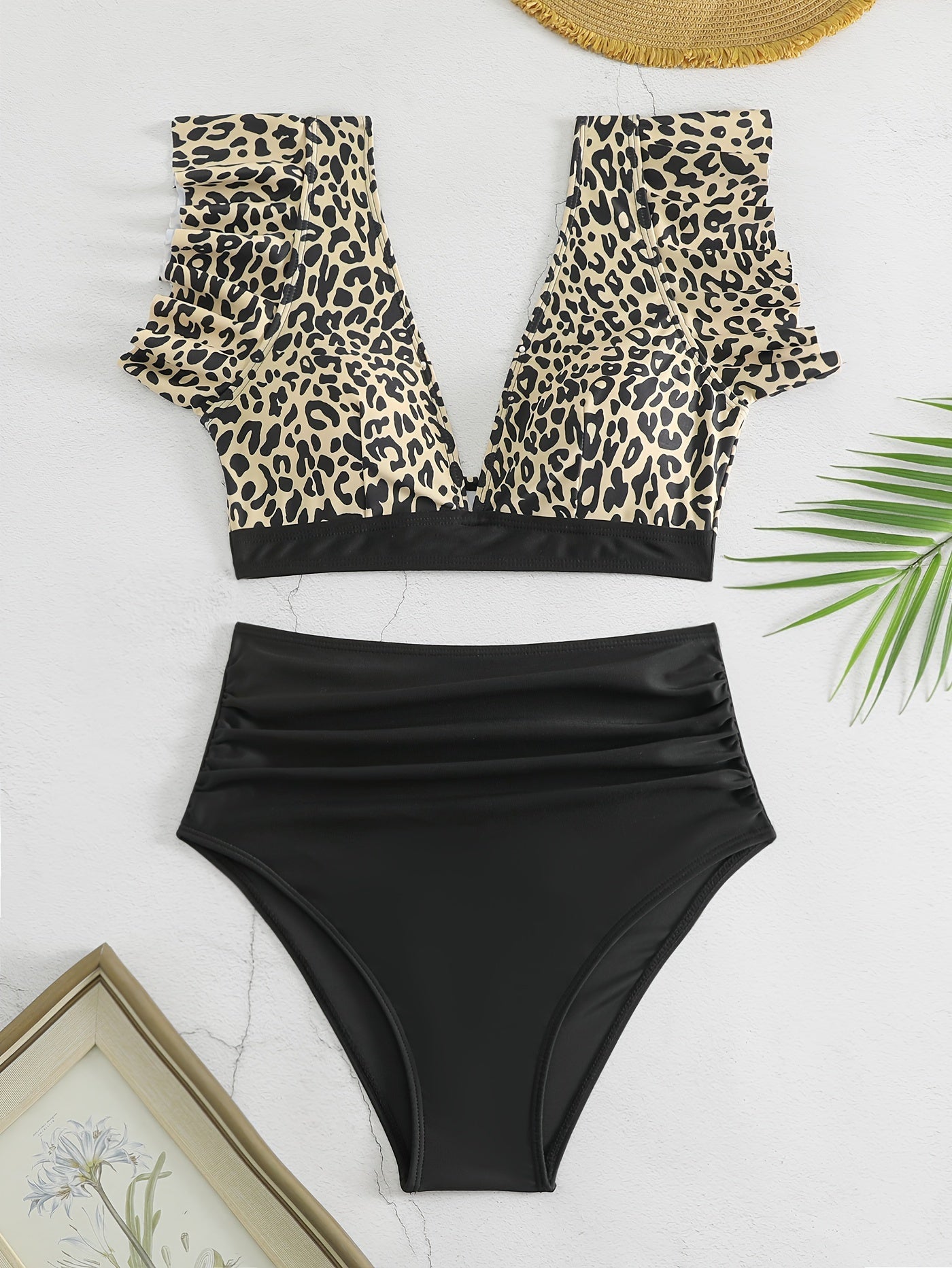 Elegant Black Ruffle V Neck High Waisted Bikini Set