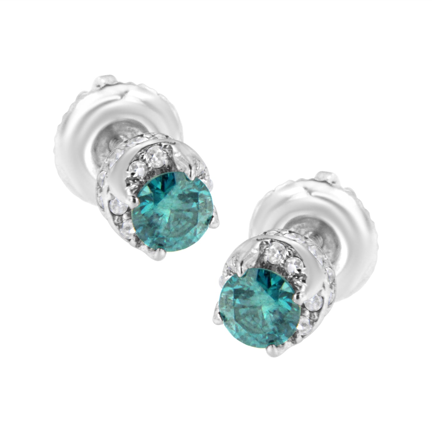 Pendientes de Diamante Redondo de Oro Blanco de 14K con Acento Azul
