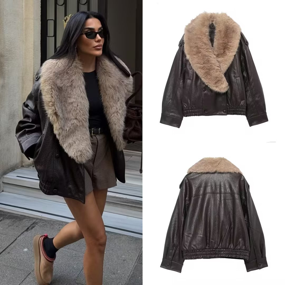 Women's Elegant Faux Fur-Trimmed Leather Jacket