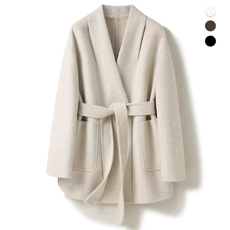 Camel-Wool V-Neck Double-Faced Belted Coat