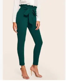 Elegant Frill Trim Bow Belted High Waist Pants