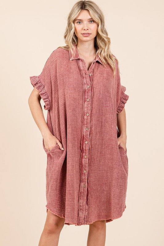 Mineral Wash Cotton Gauze Mini Shirt Dress for Women