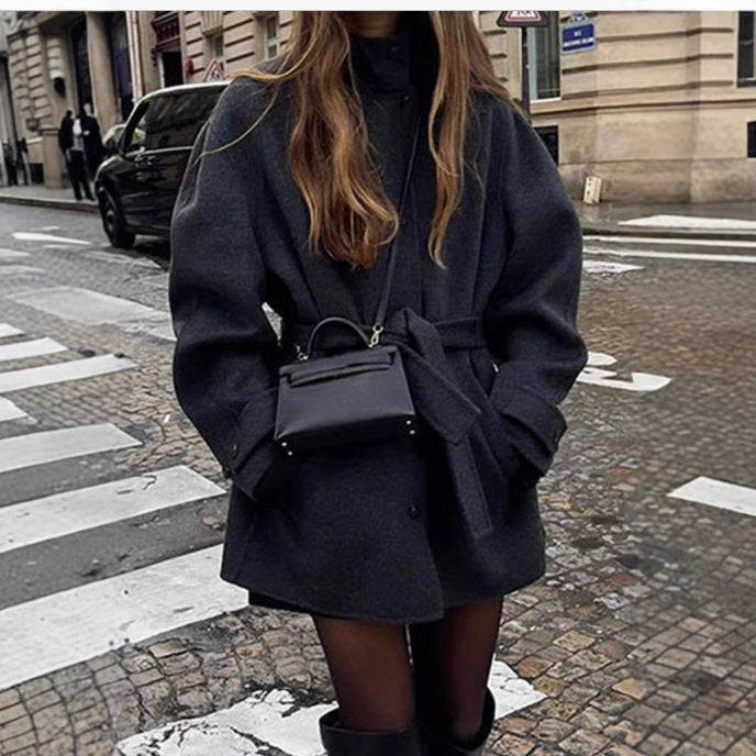 Womens Wool Coat with Belt and Mock Neck