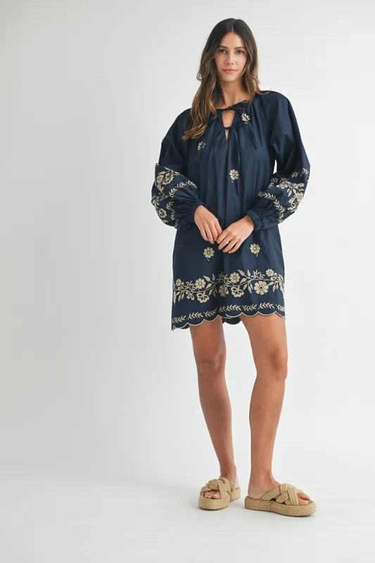 Embroidered Long Sleeve Peasant Mini Dress for Women