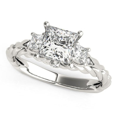 14k White Gold Princess Cut 3 Stone Antique Style Diamond Ring
