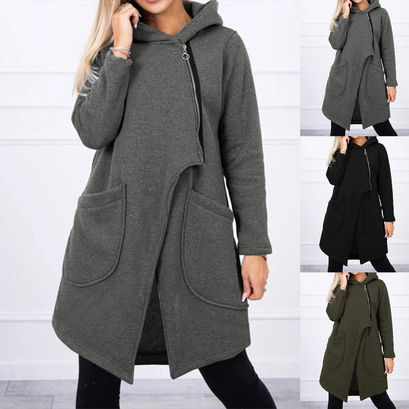 Half-High Neck Side-Zip Hoodie with Fleece-Lined Pockets