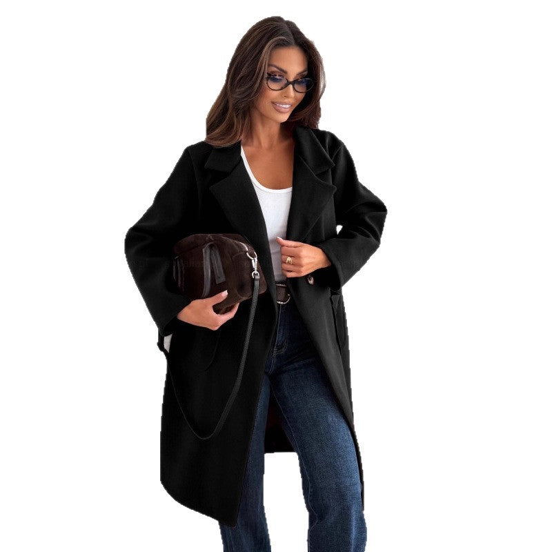 Elegant Solid Color Long Sleeve Wool Overcoat for Women