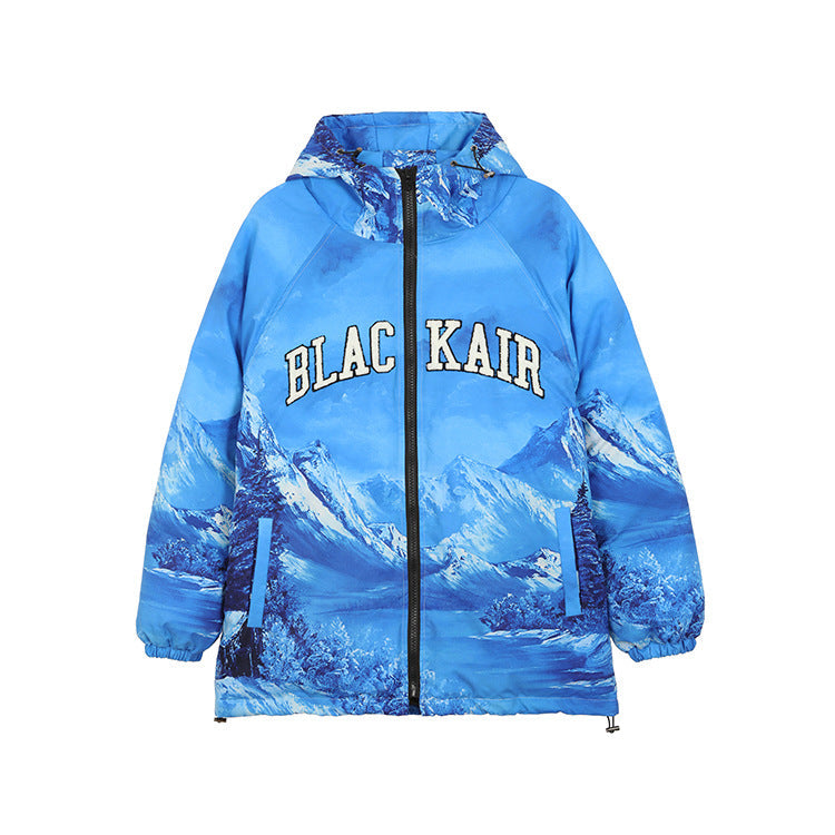 Snow Mountain Blue Embroidered Cotton Puffer Jacket