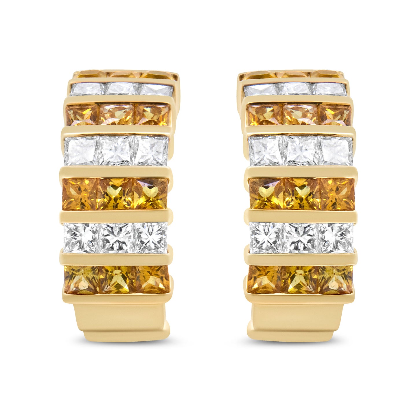 Boucles d'oreilles créoles huggie en or jaune 18K avec diamants taille princesse et saphirs jaunes
