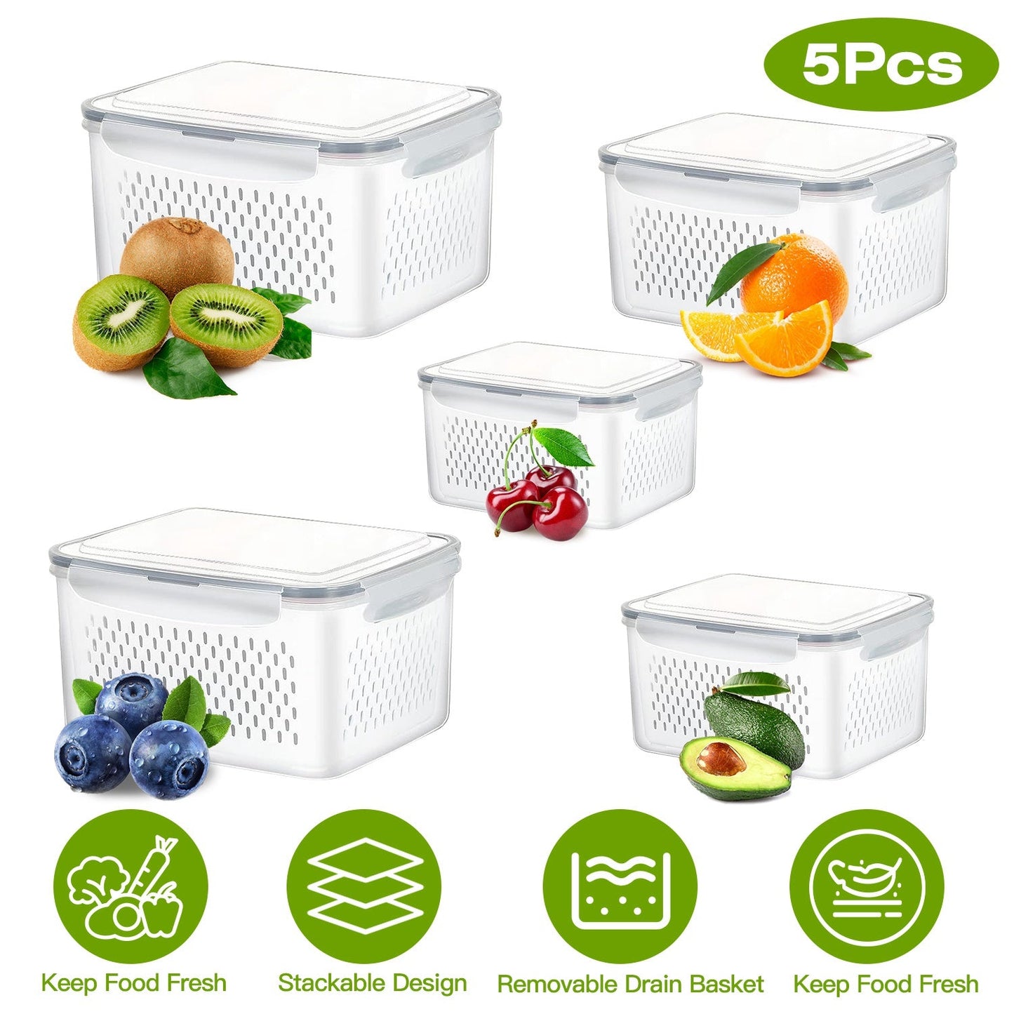 5-Piece Stackable Food Storage Containers with Drain Basket