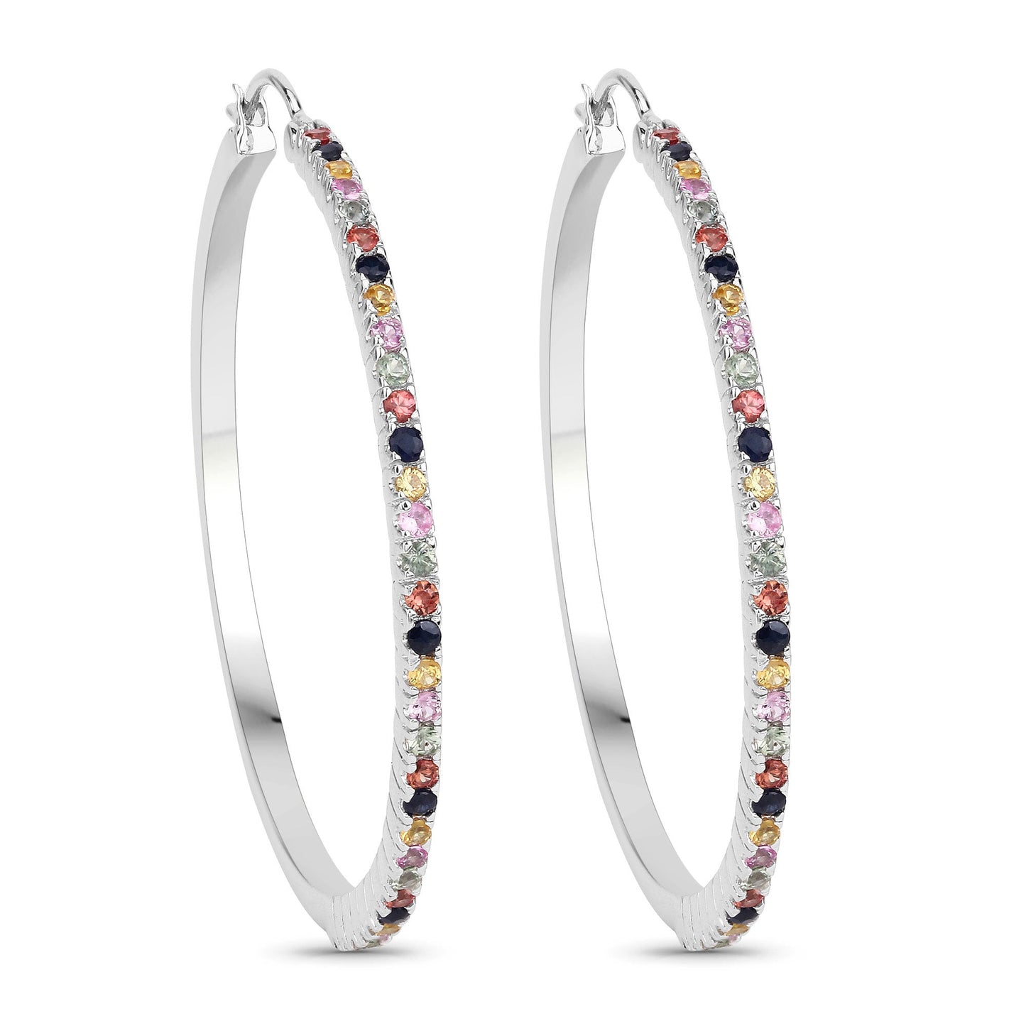 2.24 Carat Multi Sapphire .925 Sterling Silver Hoop Earrings
