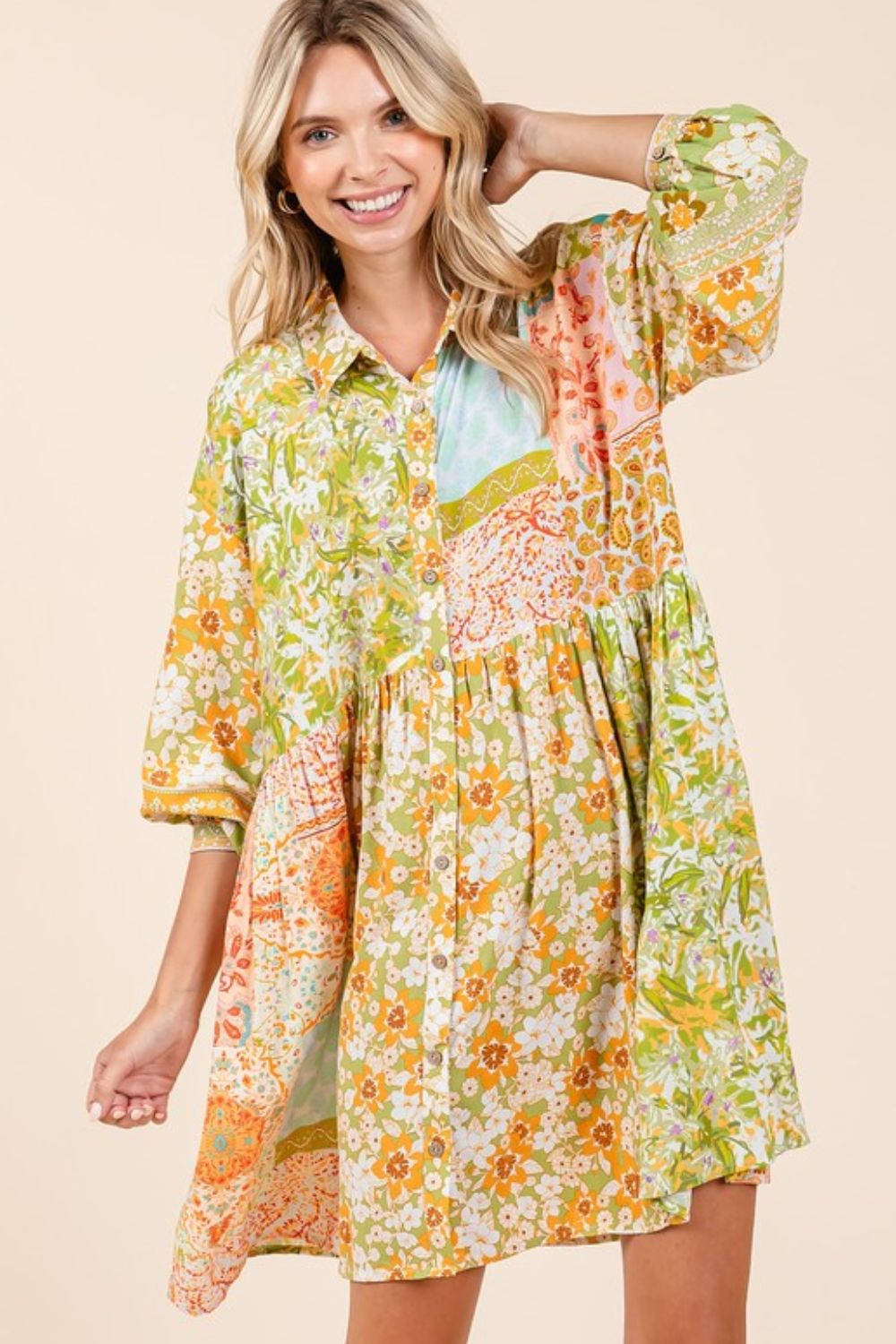 Floral Button Detail Long Sleeve Shirt Dress for Women